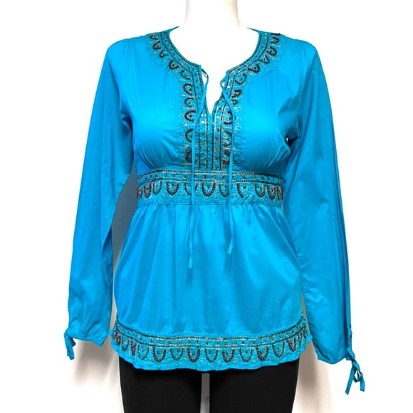 BCIH Boho Tunic Top Beaded Sequins Embellished Blue Hippie Festival Fairy Y2K LG - Picture 3 of 13